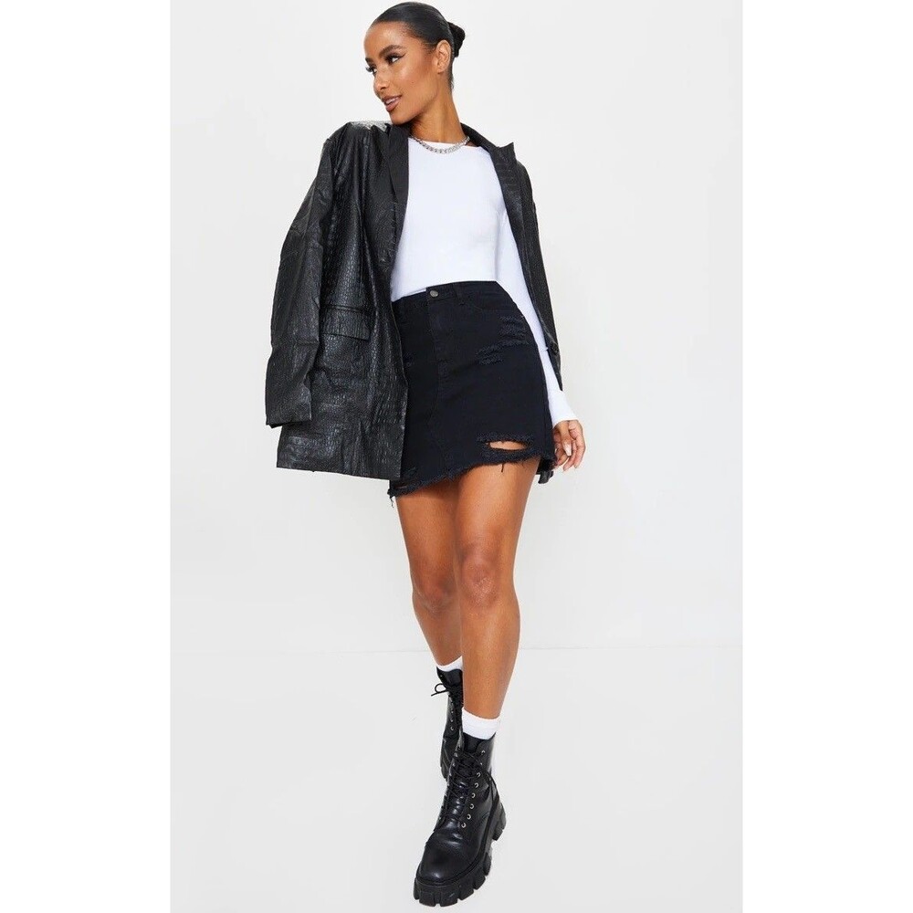 Pretty Little Thing Womens Skirt 10 Black Denim Thrashed Distressed Grunge Goth
